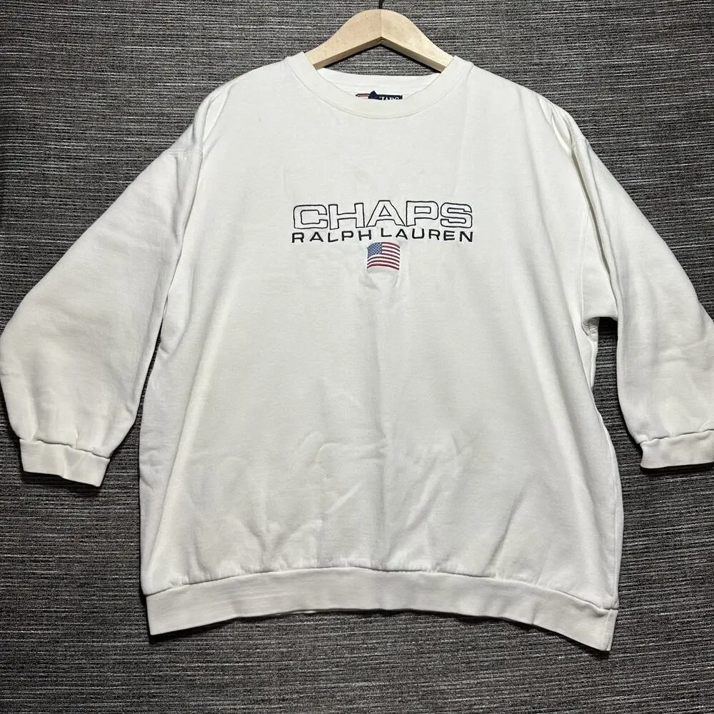 Chaps Ralph Lauren Sweatshirt Men's M White Pullover Long Sleeve Vintage USA